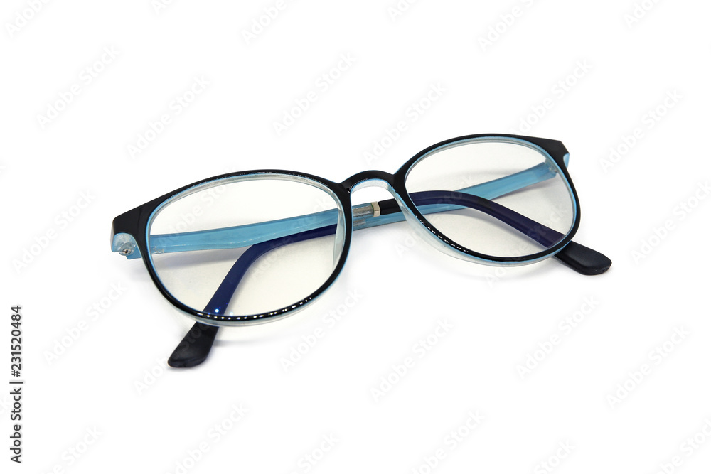 Blue Plastic Eyeglasses isolated on white background. Blue Plastic Eyeglasses isolated on white background.