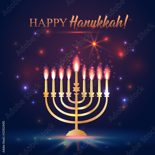 Happy Hanukkah Shining Background with Menorah, David Star and Bokeh Effect. illustration on dark.