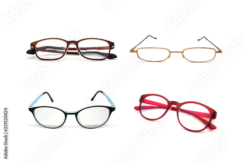 Old Glasses many types and Many Era isolated on white background.