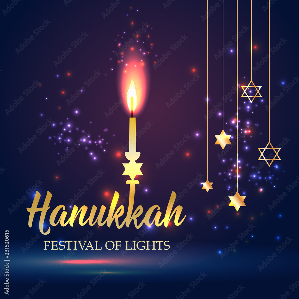 Naklejka premium Happy Hanukkah Shining Background with candle, David Star and Bokeh Effect. illustration on dark.