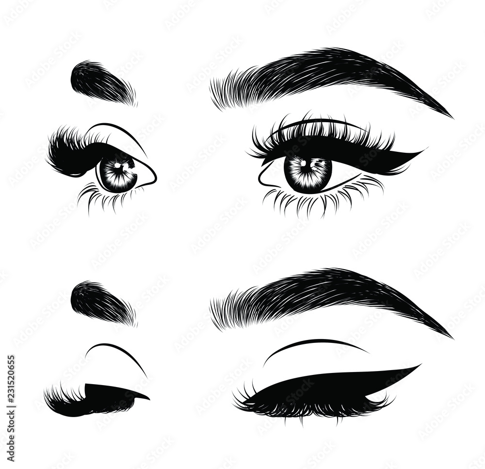 Fototapeta premium Abstract fashion illustration of the eye with creative makeup. Hand drawn vector idea for business visit cards, templates, web, salon banners,brochures. Natural eyebrows and glam eyelashes