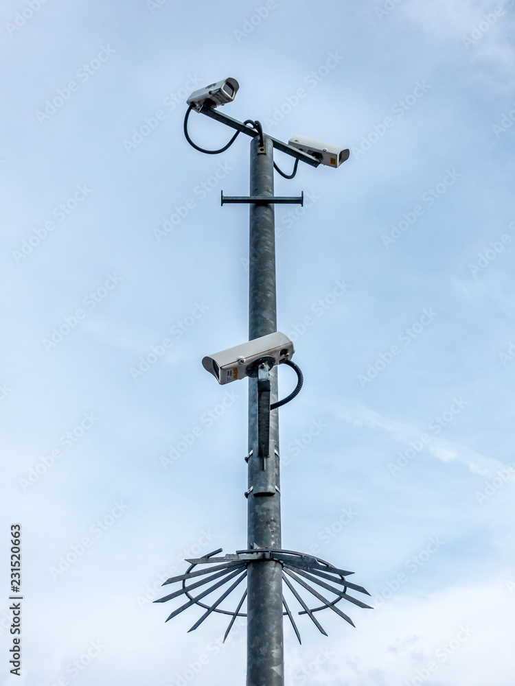 Multiple security cameras on a pole