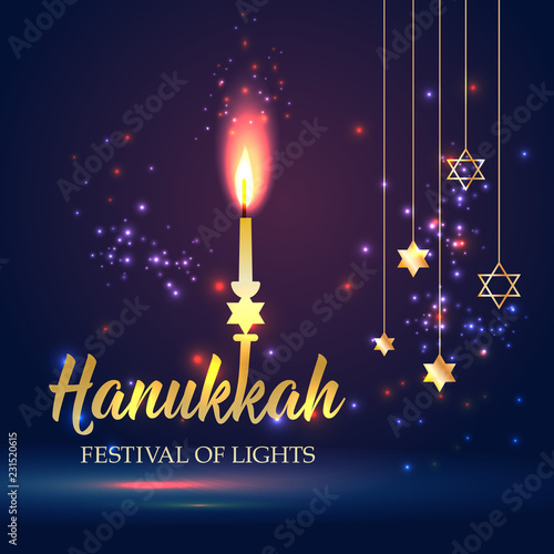Happy Hanukkah Shining Background with candle, David Star and Bokeh Effect. illustration on dark.