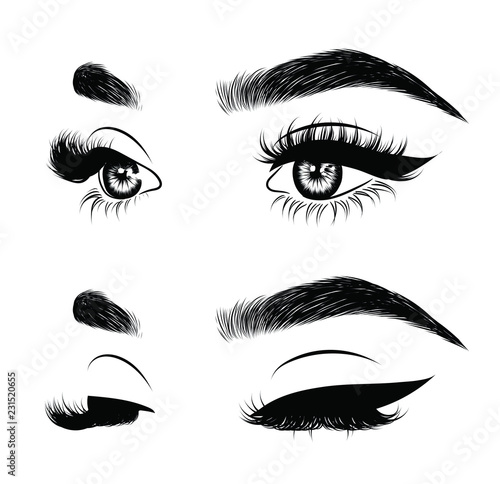 Abstract fashion illustration of the eye with creative makeup. Hand drawn vector idea for business visit cards, templates, web, salon banners,brochures. Natural eyebrows and glam eyelashes