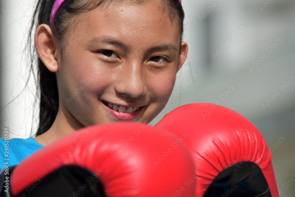 Female Athlete And Happiness Wearing Boxing Gloves Female Athlete And Happiness Wearing Boxing Gloves