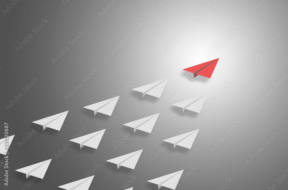 Fototapeta premium leadership concept creative ideas unique red airplane flying leader the team in the sky direct to the best success teamwork together. group of plane fly follow up the leader to win successful.