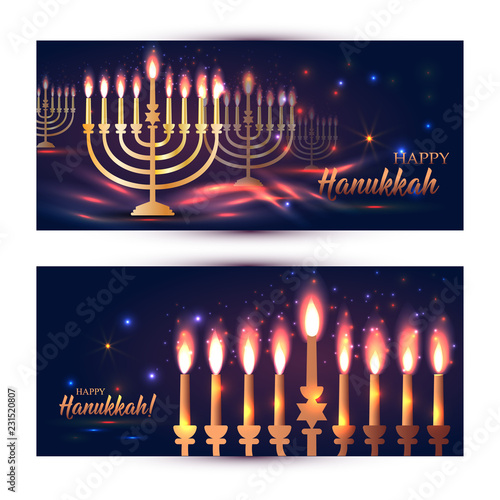 Happy Hanukkah Shining Background with Menorah, David Stars and Bokeh Effect. Set of banners on dark.