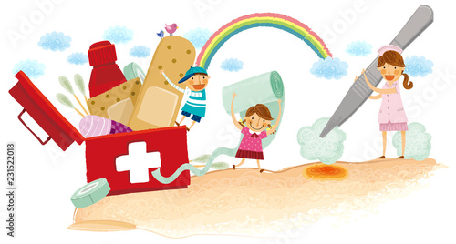 Nurse and children using First aid kit and supplies