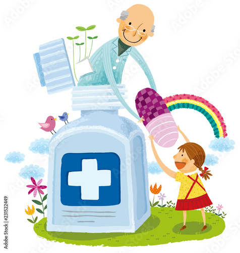 Elderly man giving girl child capsule from medicine bottle 