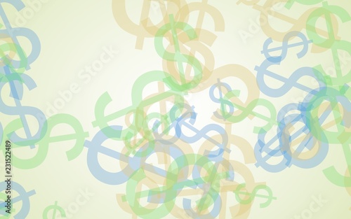 Multicolored translucent dollar signs on white background. Green tones. 3D illustration