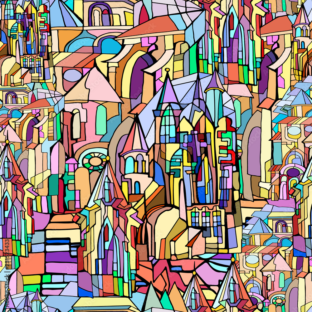 Vector seamless pattern with stained glass sketches of fictional beautiful Gothic city. Daytime. Hand drawn. 