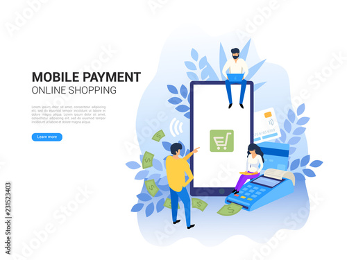 Online and mobile payments concept. Pos terminal confirms payment. Online banking and shopping for web page, social media, documents, posters vector illustration on white