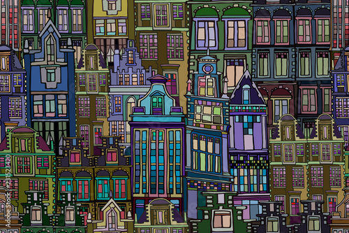 Vector seamless pattern with vintage Dutch fictional vintage houses. Evening city background. Hand drawn.