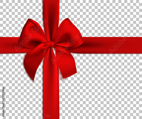 Realistic red bow and ribbon isolated on transparent background. Template for brochure or greeting card. Vector illustration.