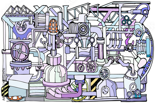 Vector background featuring abstract industry or steampunk concept. Fantasy technology or factory illustration with decorative machine sketch elements.  Hand drawn.