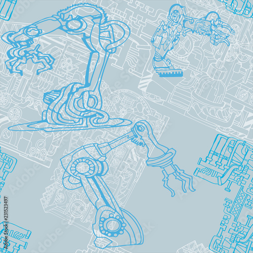 Vector seamless pattern with abstract industry or steampunk background. Fantasy technology or factory illustration with decorative machine sketch elements.  Hand drawn.