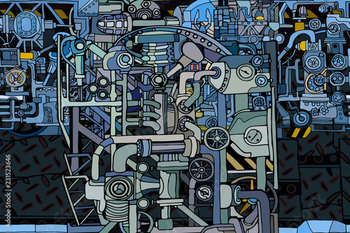 Vector seamless pattern with abstract technology, industry or steampunk background. Fantasy technology or factory illustration with decorative machine sketch elements.  Hand drawn.