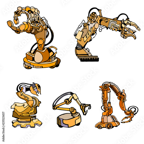 Vector abstract robot arm icons set illustrating robotics, industrial automation and fantasy machines. Golden and brown colors. Hand drawn.