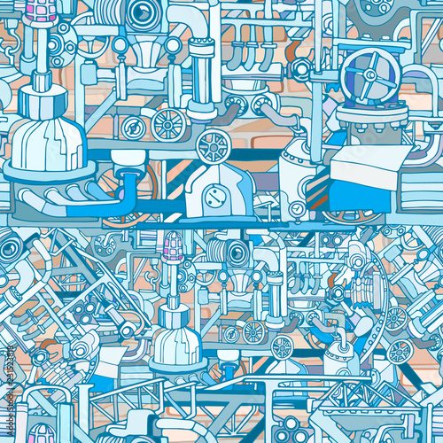 Vector seamless pattern with abstract industry or steampunk background. Fantasy technology or factory illustration with decorative machine sketch elements.  Hand drawn.