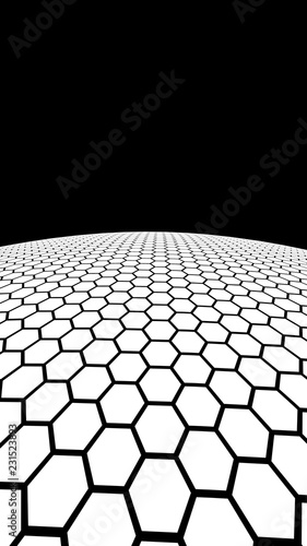 White honeycomb on a white background with a black horizon. Perspective view on polygon look like honeycomb. Ball  planet  covered with a network  honeycombs  cells. 3D illustration