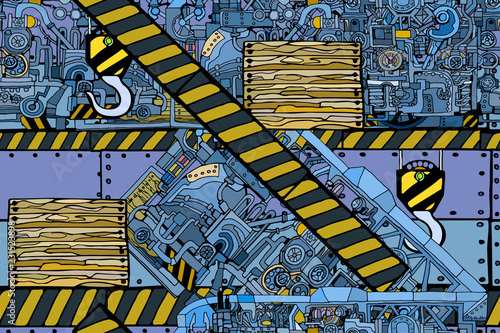 Vector seamless pattern with abstract industry or steampunk background. Fantasy technology or factory illustration with decorative machine sketch elements.  Hand drawn.