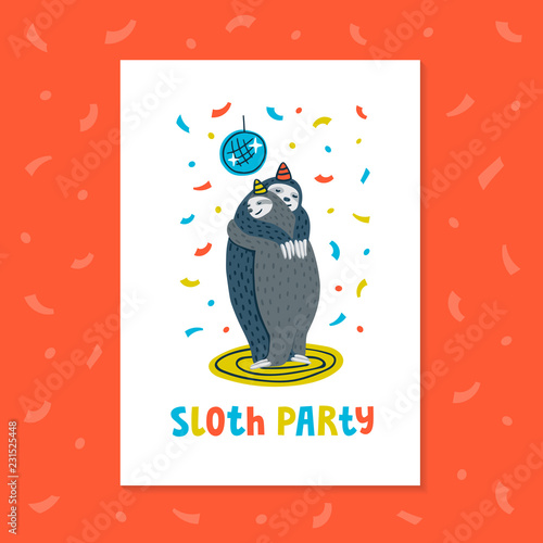 Animal party. Lazy sloth party. Couple of sloths dancing on a dance floor. Ve...