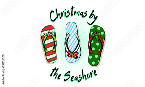 merry christmas and a happy new year in a warm climate design tropical Christmas, Holiday greeting card with Christmas style sandals on the beach