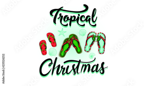 merry christmas and a happy new year in a warm climate design tropical Christmas, Holiday greeting card with Christmas style sandals on the beach