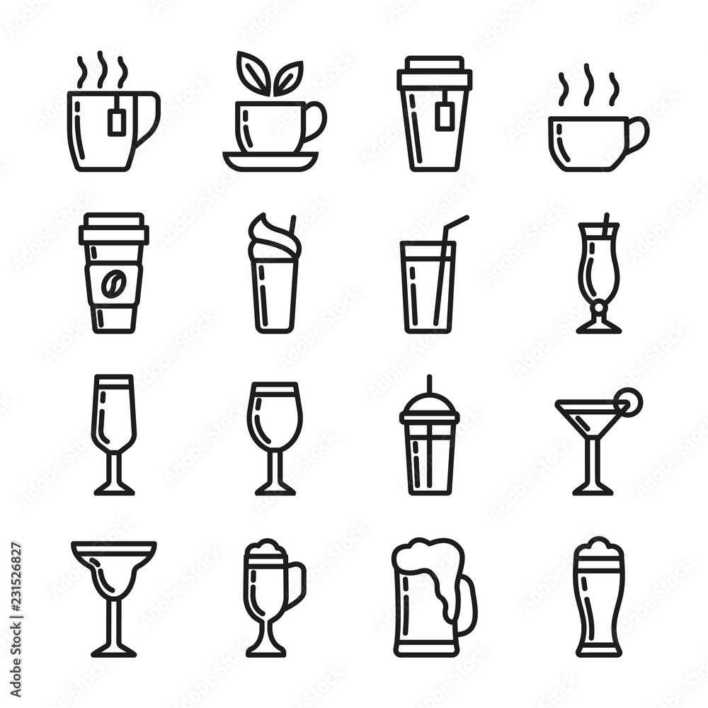 Drinks vector icons set. Contains icons cup of tea, coffee, glass for beer, wine, cocktail and alcohol. 48x48 pixels Drinks vector icons set. Contains icons cup of tea, coffee, glass for beer, wine, cocktail and alcohol. 48x48 pixels