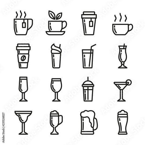 Drinks vector icons set. Contains icons cup of tea  coffee  glass for beer  wine  cocktail and alcohol. 48x48 pixels