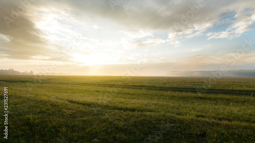Beautiful Morning Landscape With Fog In The Meadow. Dawn. Russia, Bashkortostan.
