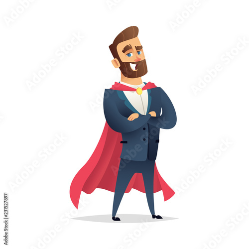 Charming bearded businessman wearing a superhero cloak. Manager is a hero. Modern flat character design.