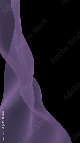 Abstract purple wave. Bright purple ribbon on black background. Purple scarf. Abstract smoke. Raster air background. Vertical image orientation. 3D illustration