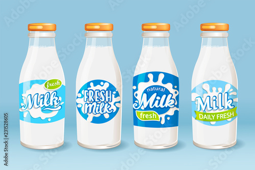 Set of milk glass bottles with different labels. Fresh and natural milk for your brand, logo, template, label, emblem for groceries, stores, packaging and advertising, marketing. Vector illustration.