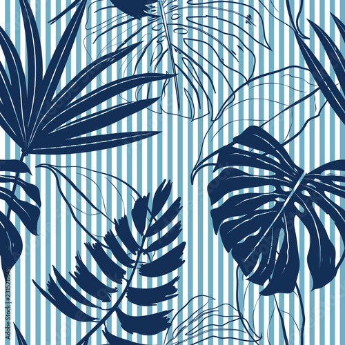 Summer Navy blue tropical forest leaves bright mood on sky blue stripe seamless pattern