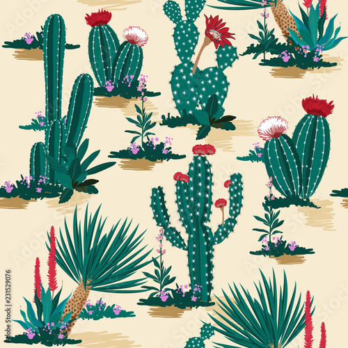 Seamless pattern vector summer cactus on desert mix with beautiful blooming succulents flower for fashion fabric and all prints