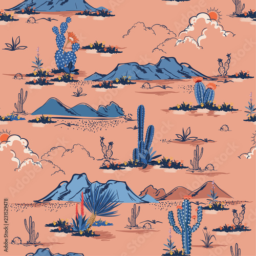 Beautiful sweet pastel Seamless pattern vector summer cactus on desert mix with beautiful blooming succulents flower for fashion fabric and all prints