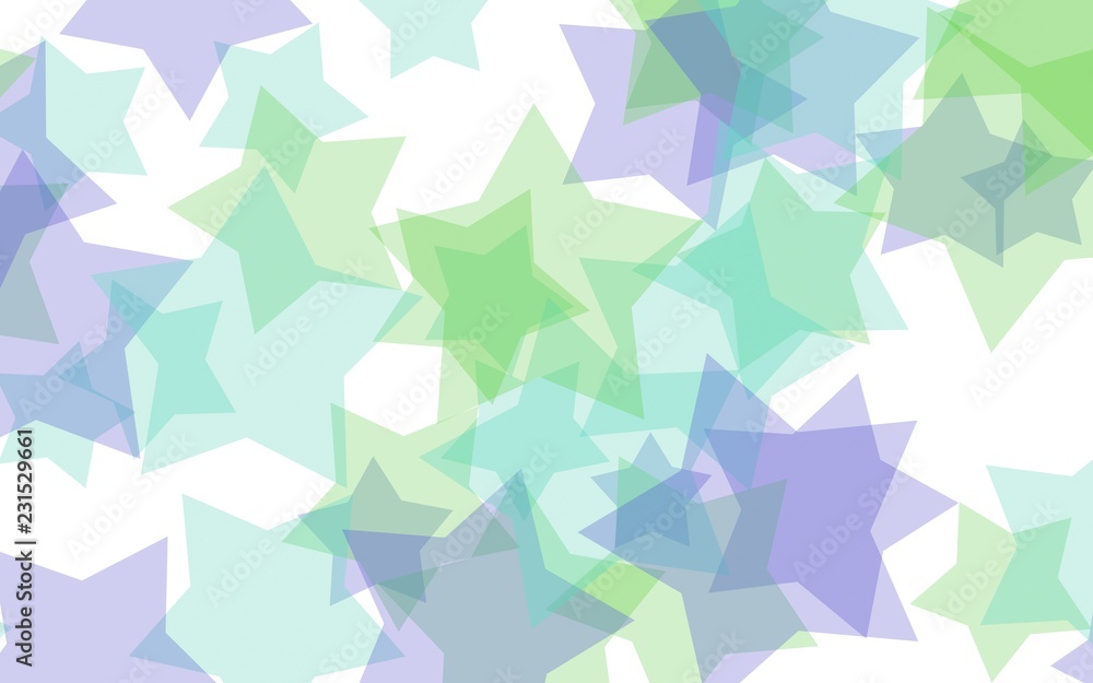 Multicolored translucent stars on a white background. Green tones. 3D illustration Multicolored translucent stars on a white background. Green tones. 3D illustration
