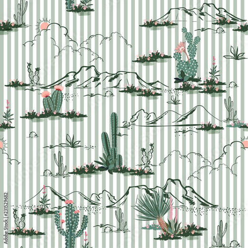 Desert with cactus and mountain  flowers seamless pattern on stripe hand drawn style design for fashon,fabric,and all prints