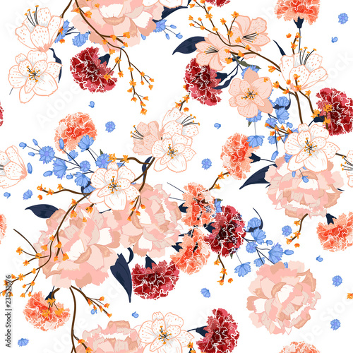 Beautiful hand drawing seamless pattern Blooming drawing florals background for textile decor and design