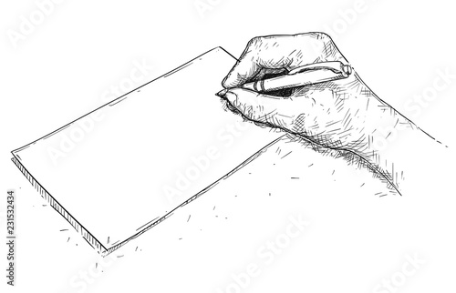 Vector artistic pen and ink drawing illustration of hand writing on empty or blank piece of paper.