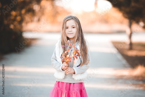 Cute baby girl 5-6 year old holding autumn leaves in park. Looking at camera. Childhood. © morrowlight