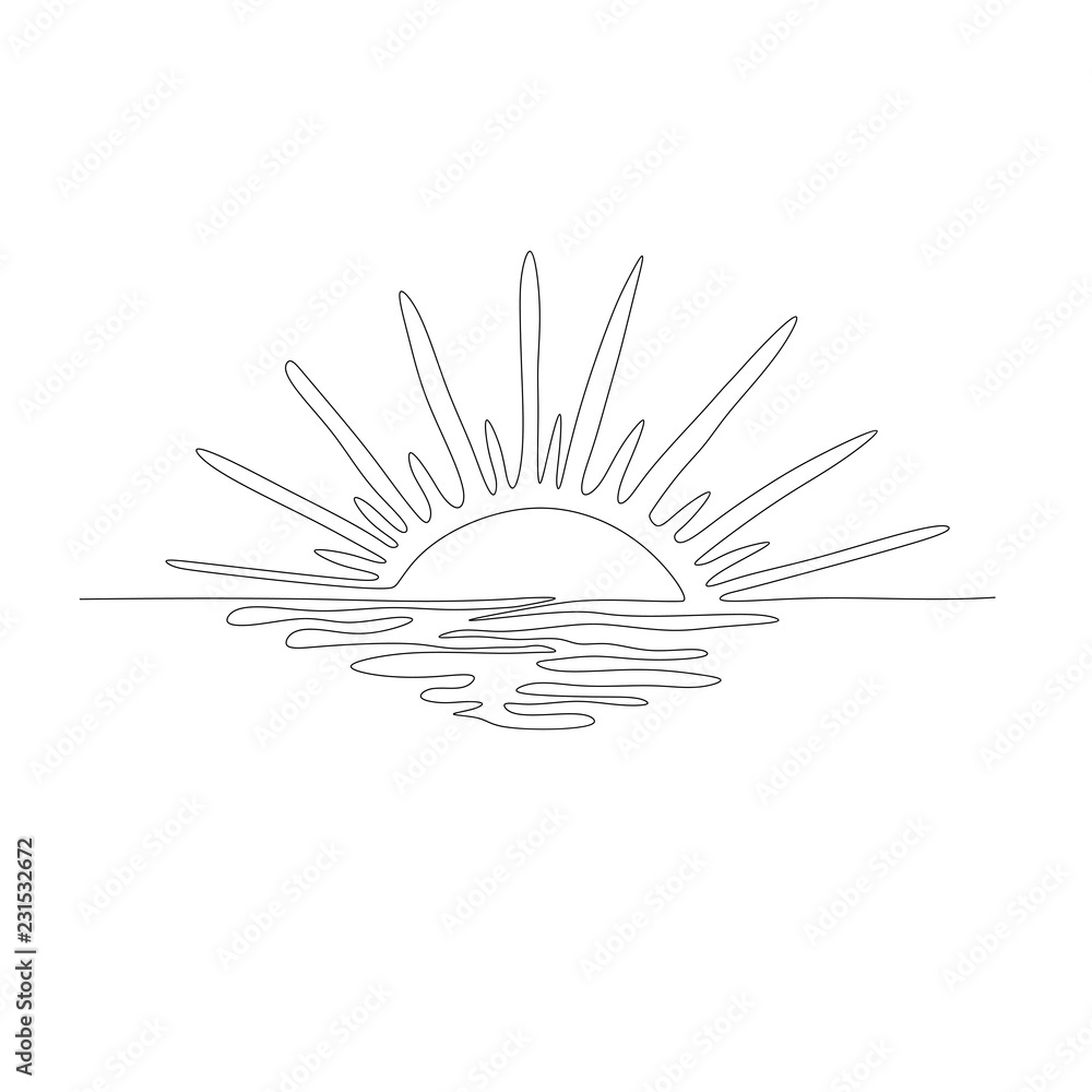 Continuous one line drawing. Sunset on the sea. Vector illustration