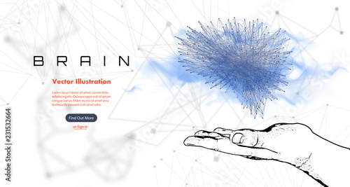 Three-dimensional vector cyber brain in the hand of man. Neural network mega-data processing. Web page template, interface design on a white background and polygonal lines . Vector illustration 