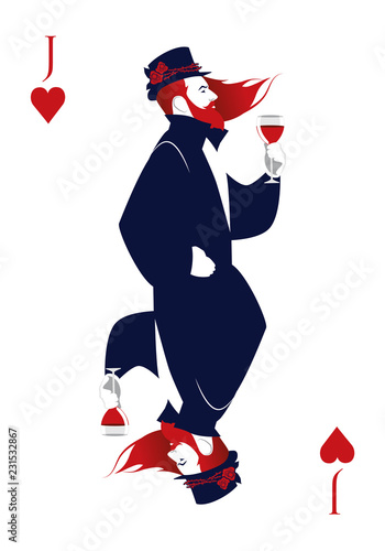 Jack of Hearts with top hat, flowers and thorns, holding a glass of red wine. Isolated on white background.