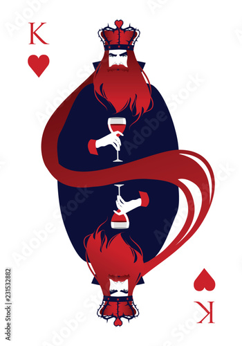 King of Hearts with crown, roses and thorns, holding a glass of red wine. Isolated on white background.