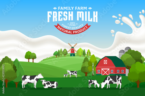 Vector milk illustration with cows, calves, farm and milk splash