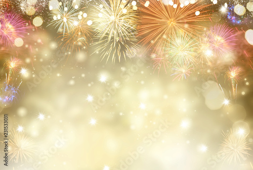 Abstract festive winter bokeh background with fireworks and bokeh lights