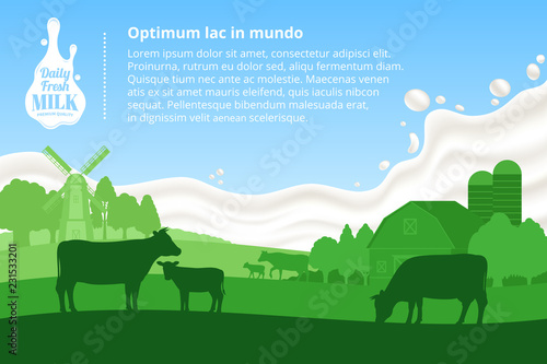 Vector milk illustration with cows, calves, farm and milk splash