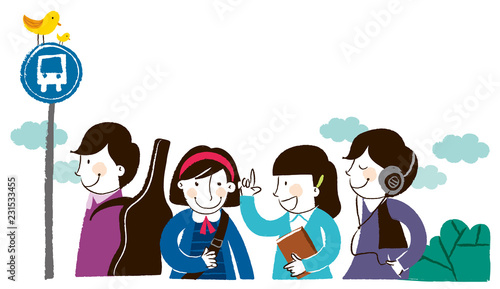 Group of people standing at bus stop queue